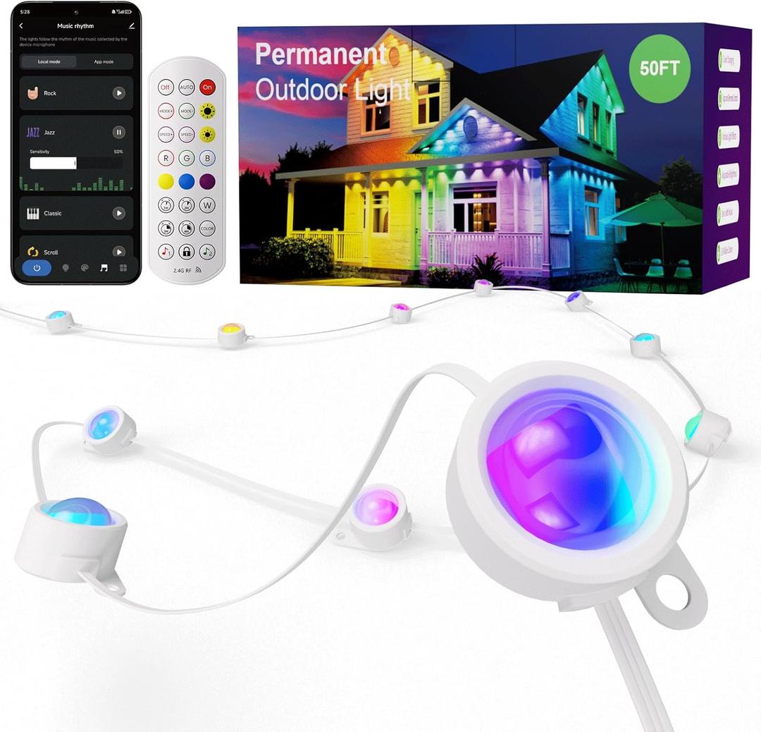 ISOPHO Permanent Outdoor Lights, RGB Smart String Light with 75 Scene Modes, Eaves LED Lights 50ft, Waterproof IP67, Suitable for All Holidays, Parties, Halloween, Christmas, App and Remote Control