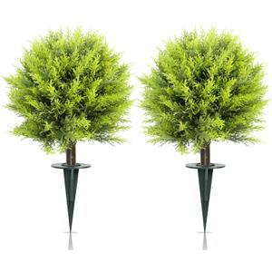 Artificial Cypress Ball Trees 24" with Ground Spike, 2PCS Realistic Artificial Plants Outdoor/Indoor UV Resistant & Effortless Adjust Tree Branchs, Perfect for Home Office Patio Decor