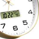 Wall Clock, 14" Large Dial Non-Ticking Silent Battery Operated Analog with LCD Display for Perpetual Calendar and F° Temperature, Ideal Modern Home, Bedroom, Office Decor (Gold)