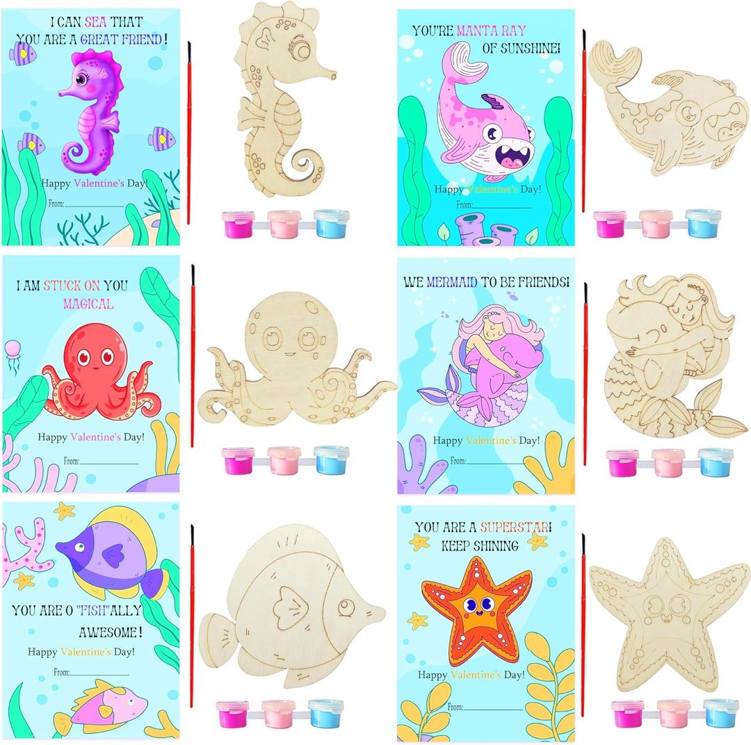 2 x 24 Sets Valentines Cards with Art Supplies-Ocean Sea Animal Wood Painting Craft Kits,DIY Unfinished Wooden Octopus,Whale,Dolphin,Seahorse,Starfish,Fish for Valentines Day Gift Exchange Art Project