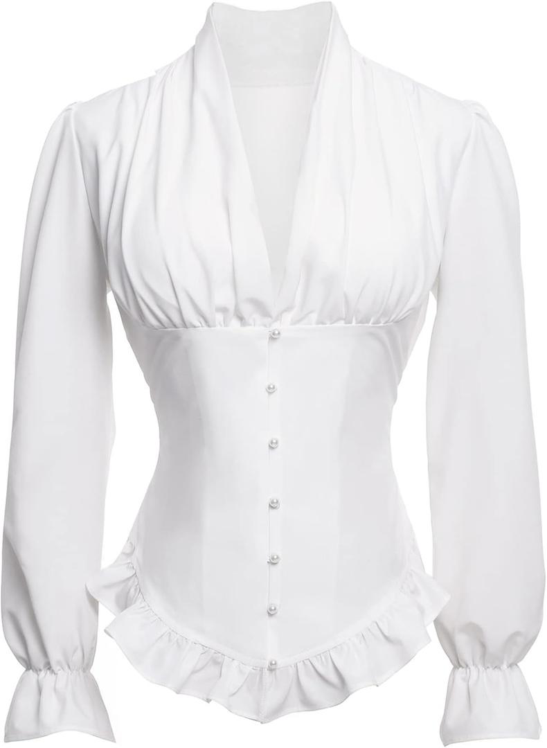Victorian Blouse for Women Vintage Ruffle Long Sleeves Shirt Tops (XX-Large, White)