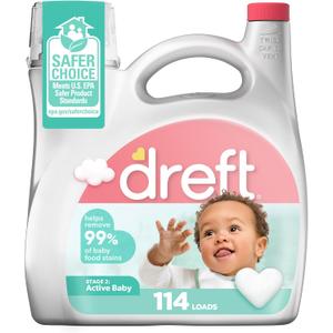 Dreft Stage 2 Active Baby Liquid Laundry Detergent, Hypoallergenic, Helps Remove 99% of Baby Food Stains, 114 Loads, Baby Laundry Detergent, Newborn Essentials (165 Fl Oz (Pack of 1))