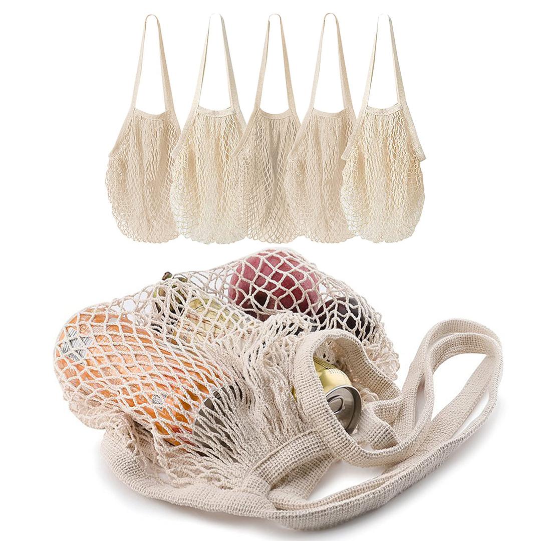MERCURHOUSE  pack Cotton String Shopping Bags Reusable Washable Grocery Mesh Bags Organizer for Grocery Shopping Produce Net Bags with Longhandle for Fruit Vegetable Storage