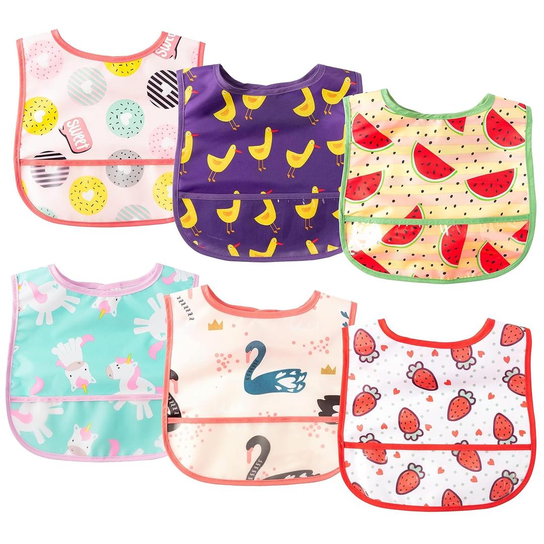 6Pcs Baby Feeding Bibs with Crumb Catcher Pocket Adjustable Waterproof Sleeveless Teething Bib Set Toddler Infant Keepsake Gift for Baby Shower, 6-24 Months (Pink)