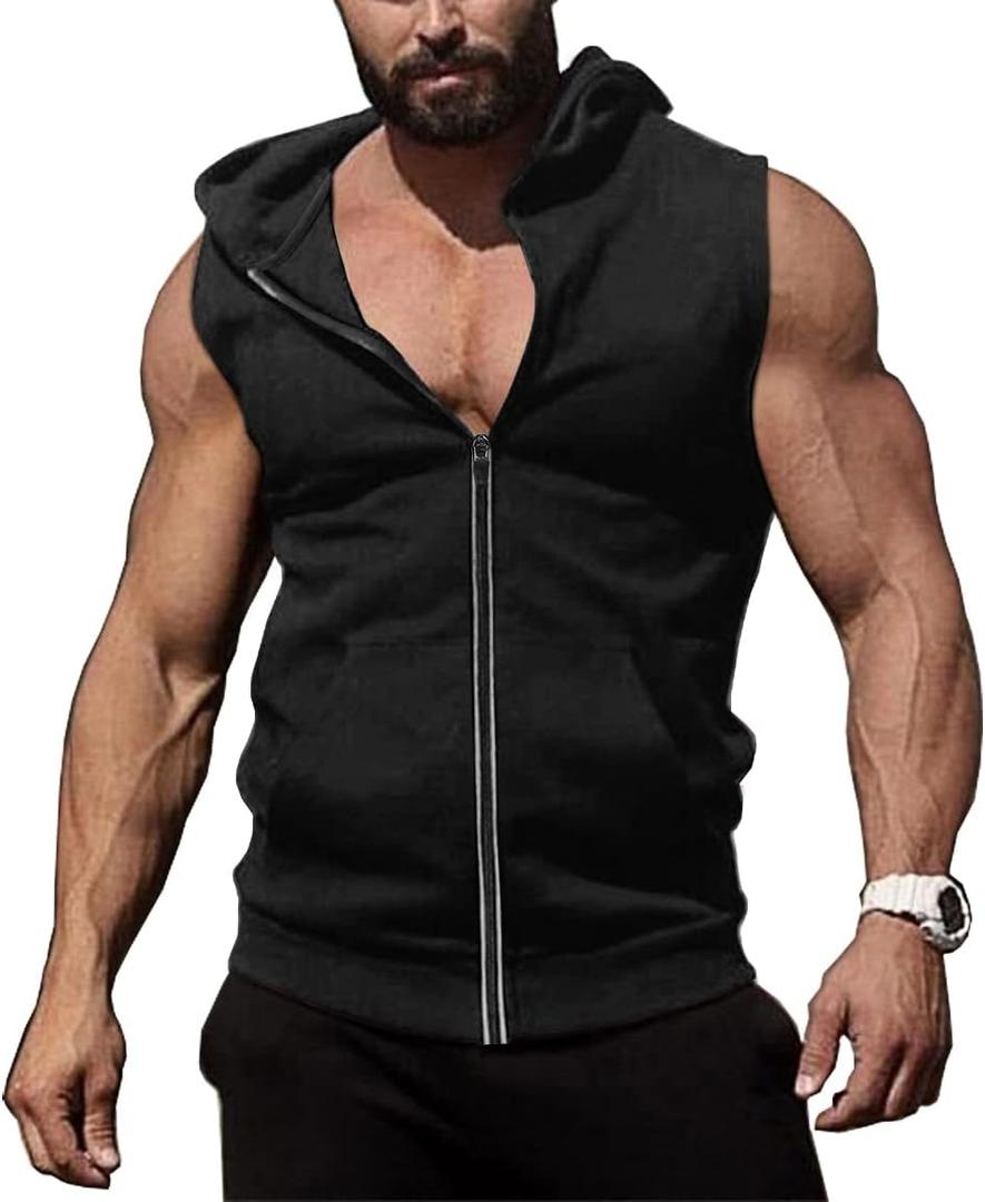 COOFANDY Men's Workout Hooded Tank Tops Zip Up Sleeveless Hoodie Bodybuilding Fitness Gym Muscle Cut Off T Shirt (X-Large, Black)