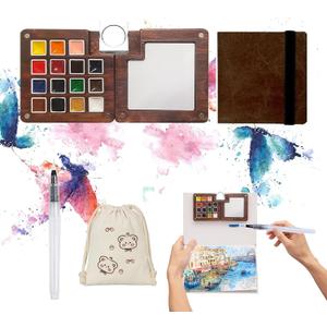 Mini Paint Palette Travel Kit - Mini Travel Watercolor Palette Set, Pocket Artist Water Color Travel Set with Colours, Watercolor Book, Binder Clips, Pens,Wooden Paint Box for Painters Artists Student (15 colors)