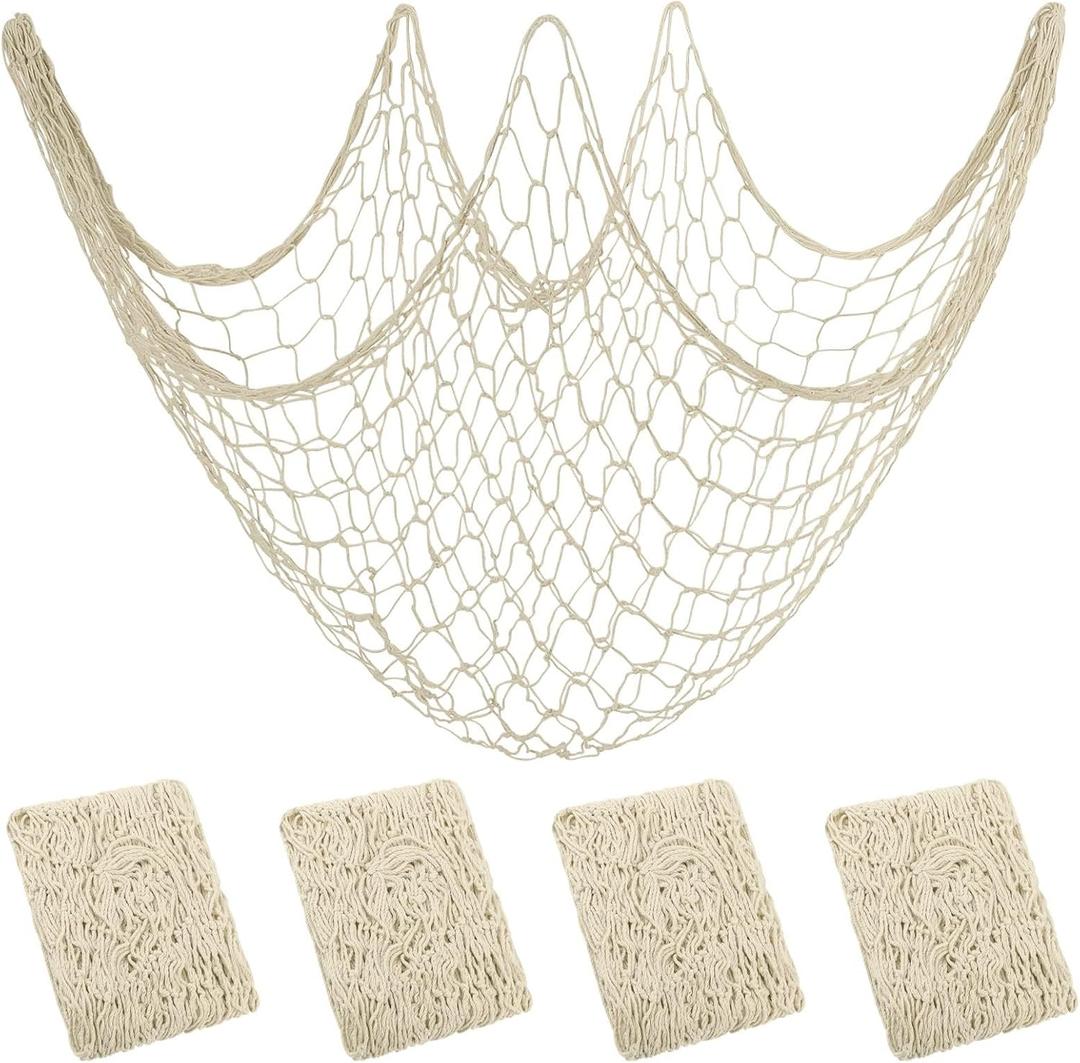 Aodaer 4 Pieces Natural Fish Net Decorative Fish Netting Natural Cotton Beach Decorations for Mermaid Birthday Baby Shark Birthday Under the Sea Party Pirate Party Favor