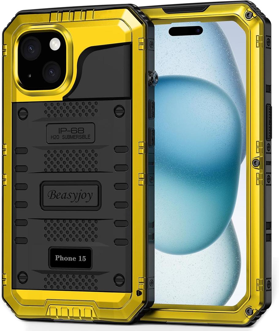 Beasyjoy for iPhone 15 Case Waterproof, Metal Heavy Duty Full Body Protective Case with Built-in Screen Protector, Military Grade Shockproof Dustproof Defender Rugged Cover for iPhone 15 6.1", Yellow