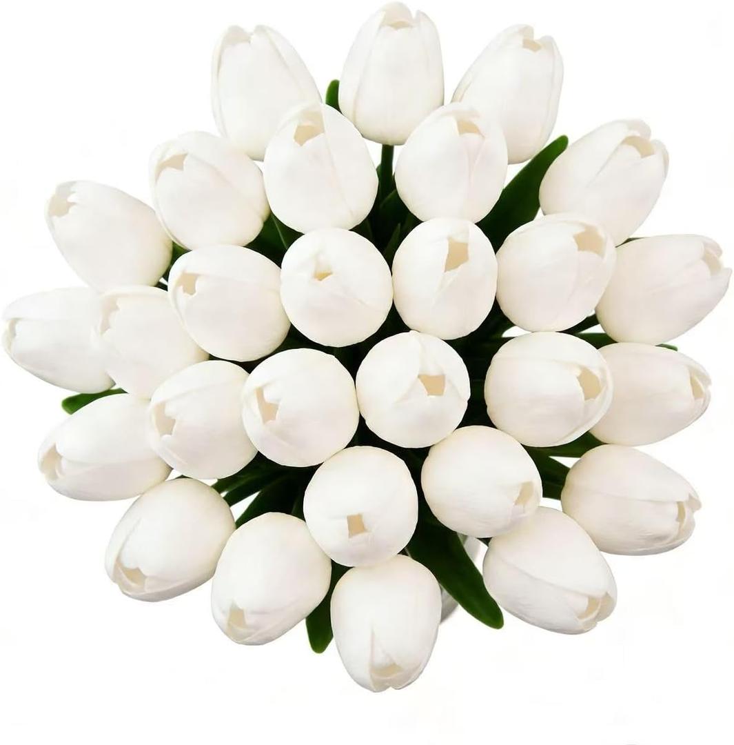 28 Pcs PU Faux Silk Artificial Tulipanes 13.5 Inches - Simulation Flowers for Spring Easter Celebration Mothers Day Brunch Table DecorWhite