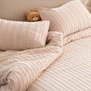 Bohemian Duvet Cover Set, Full/Queen Size, 3-Piece Textured Stripe with Tufting & Tassels, Cotton Linen Blend (Beige, Queen (U.S. Standard))