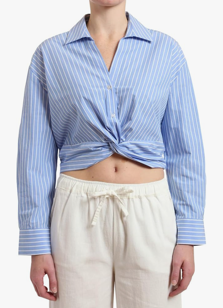 SUNNOW Women's Striped Twist Front Crop Button-Up Shirt Long Sleeve Casual Blouse Loose Fit Summer Tunic Top L