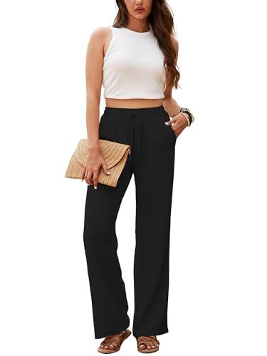 Beautiful Nomad Women's Linen Pants High Waisted Straight Pant Casual Flowy Wide Leg Drawstring Trousers with Pockets Black XXL
