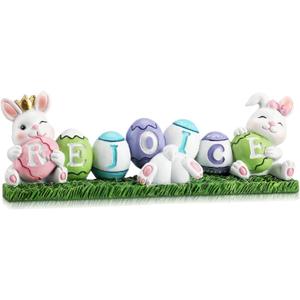 Yookeer Easter Decorations Bunny Rejoice Table Centerpieces Colorful Easter Eggs Bunny Tabletop Decorations Inspirational Spring Rabbit Figurines for Home Living Room Bedroom Holiday Decor