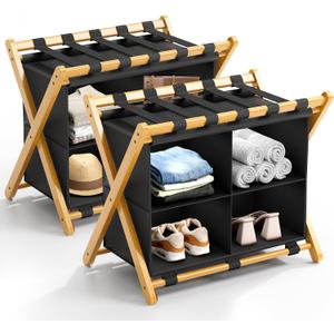 Folding Luggage Rack, 2-Pack Natural Bamboo Suitcase Stands with 4 Storage Compartments , Sturdy Luggage Holders for Guest Room, Bedroom, Hotel