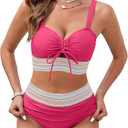 Women's High Waisted Bikini Sets Swimsuits Color Block Two Piece Bathing Suit Cute Drawstring Bikinis (S)