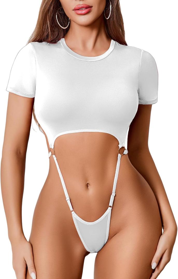 Avidlove Women's Sexy Cut Out Lingerie Bodysuit Short Sleeve Tshirt Body Suits Slim Fit Crew Neck Crop Tops (Large, White)