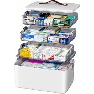 JOYBOS 4-Tier Medicine Organizer Storage Box with Lid and Leather Handle, Portable Latch Bin for Pill Bottle, First Aid, Sewing, Art, Craft