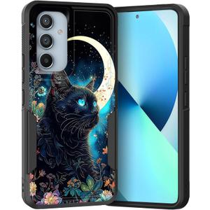 for Galaxy S25 FE Case,Dual Layer Hybrid Heavy Duty Rugged Shockproof Hard PC +Soft Silicone Protective Case for Samsung Galaxy S25 FE 6.7" 2025,Black Cat Floral Moon