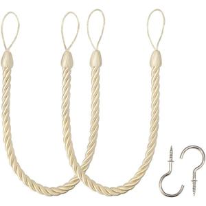 BEL AVENIR Curtain Ropes Tiebacks Tie-Backs, Curtain Handmade Holdbacks with 2 Metal Screw Hooks (Beige, 2pack)