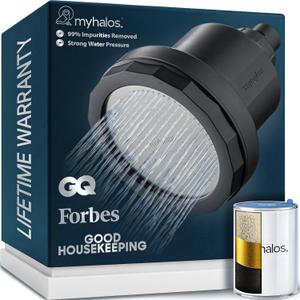 MyHalos Filtered Shower Head for Hard Water Filter - High Pressure, Removes Chlorine - Shower Head Filter for Hard Water Softener Showerhead, Easy Install, For Hair & Skin, Filtering (Black)