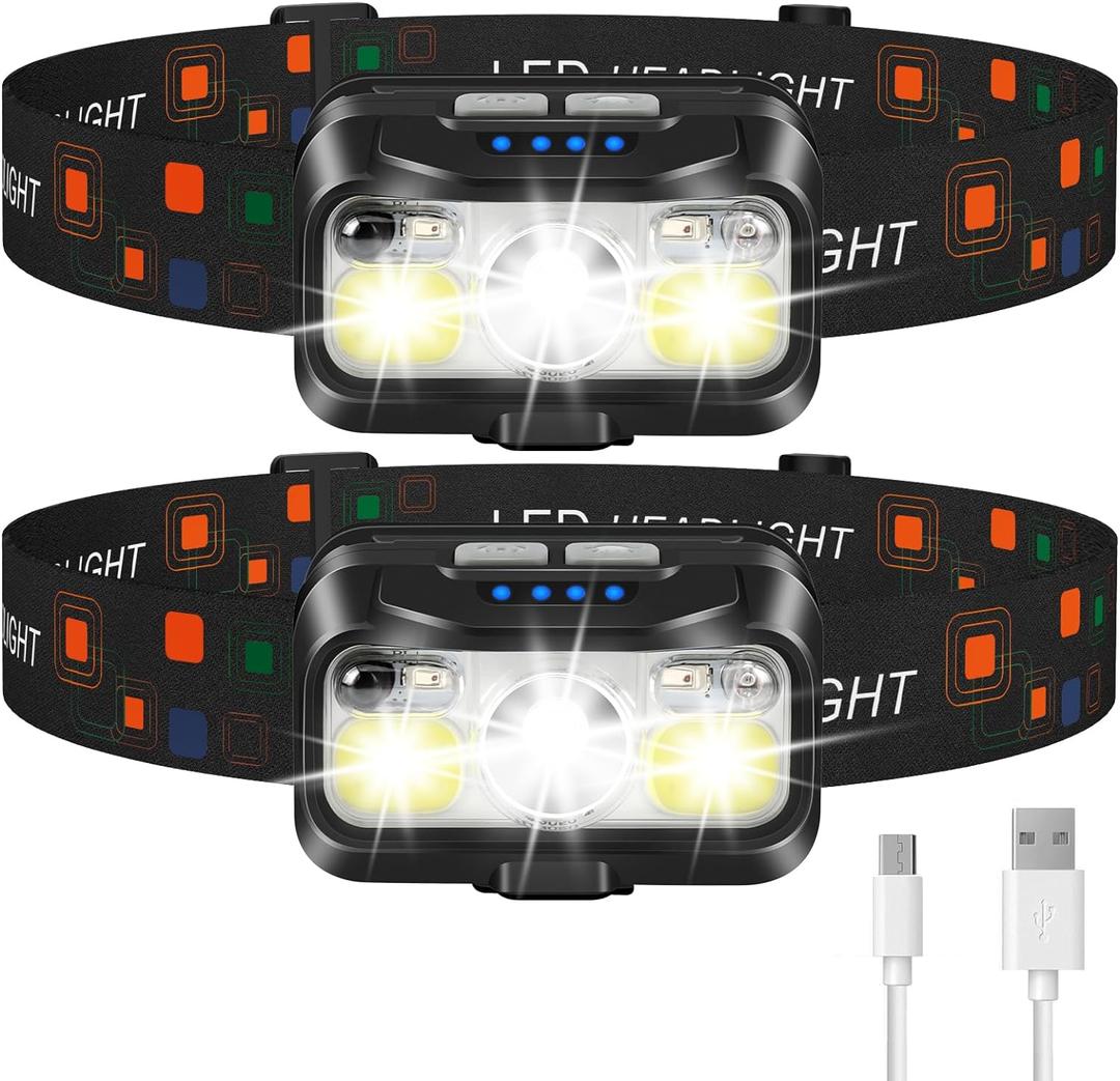 LHKNL Headlamp Rechargeable, Lumen Super Bright Motion Sensor Head Lamp Flashlight,2-Pack Waterproof LED Headlight with White Red Light,8 Modes Head Lights for Camping Cycling Running Fishing (Black)