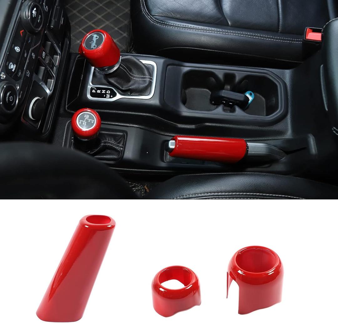 JWWY for Jeep JL Center Console Handbrake Brake Gear Shift Shifter 4WD Gear Knob Stick Panel Trim for 2018-2025+ Jeep Wrangler JL JLU Gladiator JT Interior Accessories ABS Red