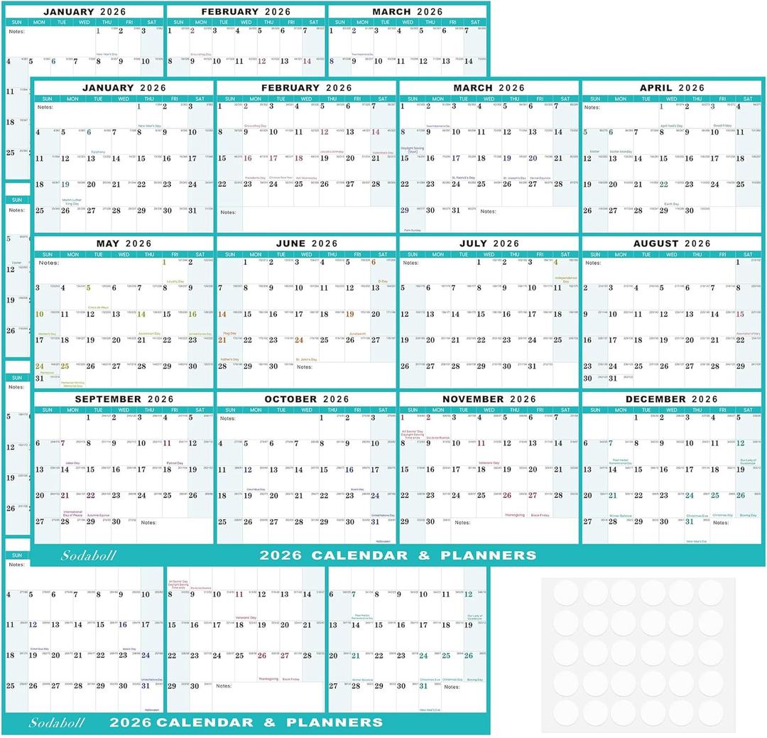 32" x 48" 2026 Wall Calendar, Folded Wet & Dry Erase Wall Calendar 12 Month, Annual Yearly Planner Yearly Laminated Calendar 2026 Horizontal/Vertical, with Julian Dates