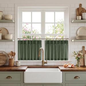 NICETOWN Forest Green Pinch Pleated Linen Kitchen Curtains 24 Inches Long, 2 Panels Set French Rustic Light Filtering Short Curtains for Cafe Bar Living Room Bedroom Window, 40" W x 24" L