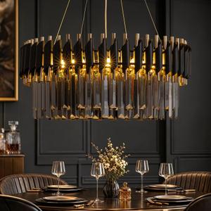 10-Light Large Smoke Gray Crystal Chandeliers 24" Dining Room Light Fixture 5 Tiers Gold and Black Crystal Chandelier Round Pendant Light for Kitchen Island Living Room Bedroom Entryway Foyer, Smoke Gray 10-Light D 23.6 inch