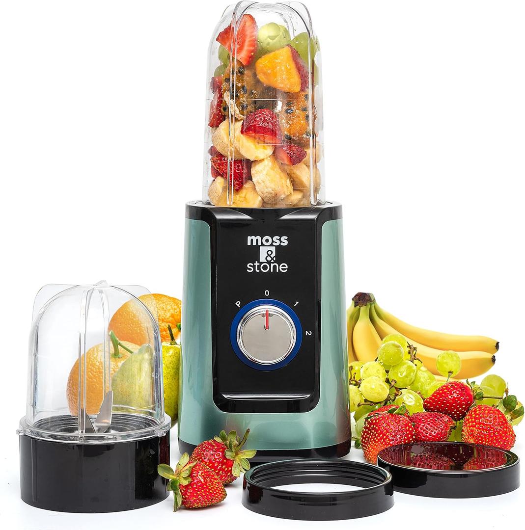 Moss & Stone Personal Smoothie Blender, Single Serve Blender for Shakes & Protein, 17oz Blend Cup & 10oz Grind Cup, Compact Mini Design for Home, Office, Gym & Travel (Green)