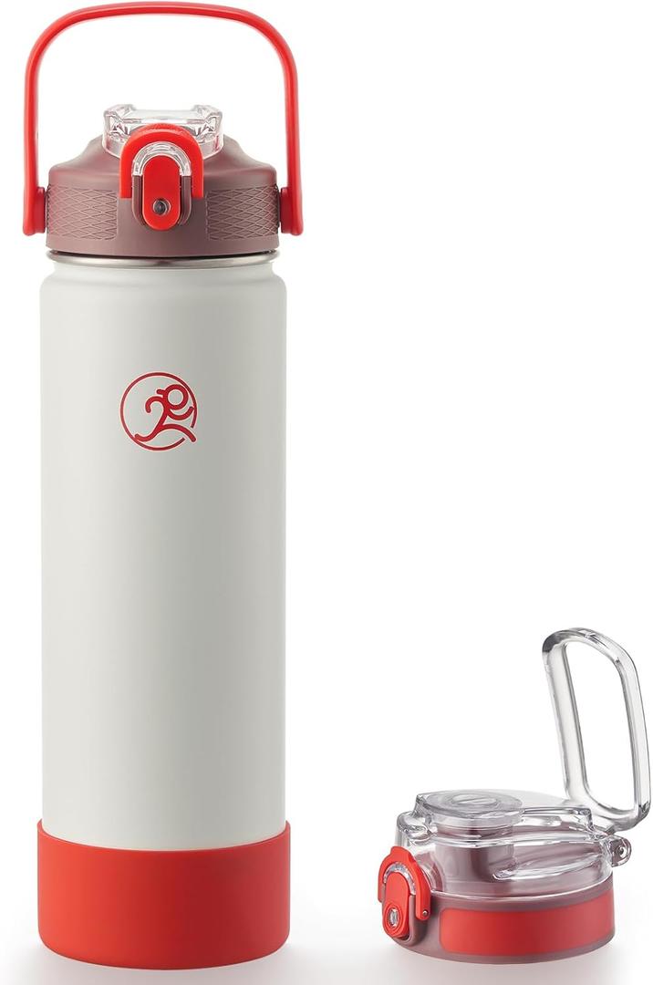 GOSWAG 24 oz Insulated Stainless Steel Water Bottle, Sports Water Bottle with Straw/No Straw Options, 2 Lids, Handle, Silicone Boot for School and Travel, Double-Wall Vacuum Insulation (Matte Cool Gray)