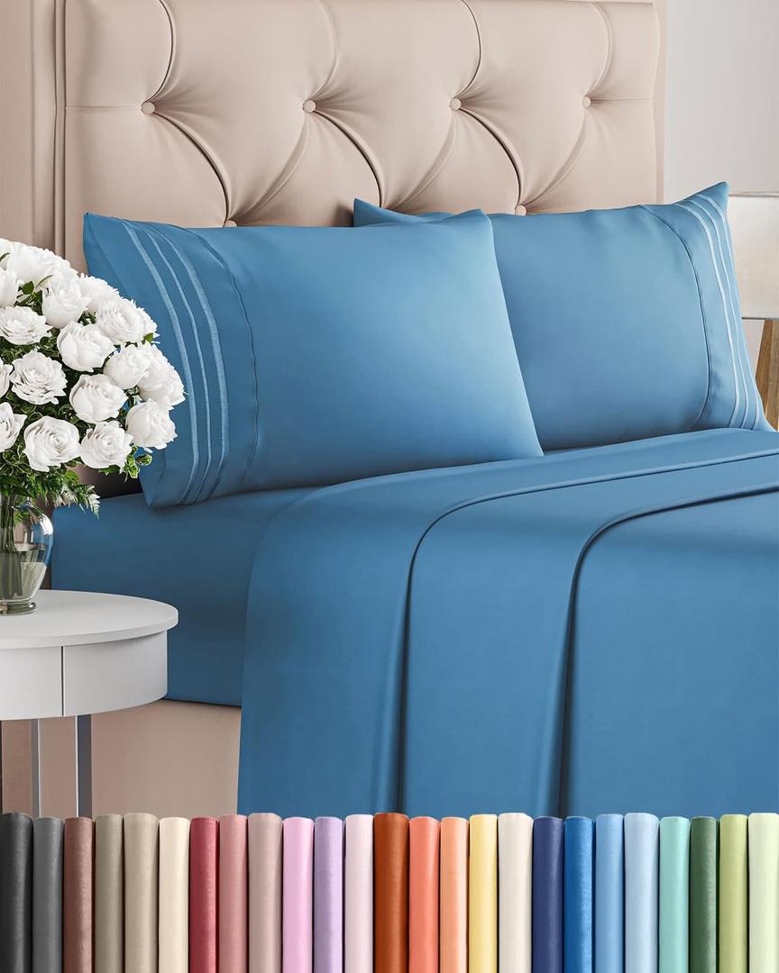 Queen Size 4 Piece Sheet Set - Comfy Breathable & Cooling Sheets - Hotel Luxury Bed Sheets for Women & Men - Deep Pockets, Easy-Fit, Soft and Wrinkle Free Sheets - Denim Blue Oeko-Tex Bed Sheet Set