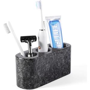 BCS Toothbrush Holder for Bathrooms, 3 Slots Marble Toothbrush Organizer, Makeup Brush Stand Toothbrush Storage Collection for Bathroom Countertop Vanity Organization - Marron Bahia