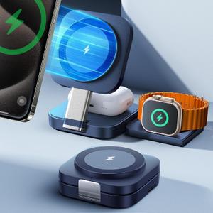 LISEN 3 in 1 Charging Station for Apple Devices Magsafe Wireless Charger Pad for iPhone, Travel Wireless Charging Station for Multiple Devices Fits iPhone 15 Pro Max Magsafe Charger Airpods (Blue)