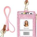 ID Badge Holder with Lanyard, Vertical Bling Shiny ID Badge Card Holder with 1 Clear ID Window, 4 Credit Card Slots, 1 Cash Coin Slot and a Detachable Neck Lanyard (Bling Pink)