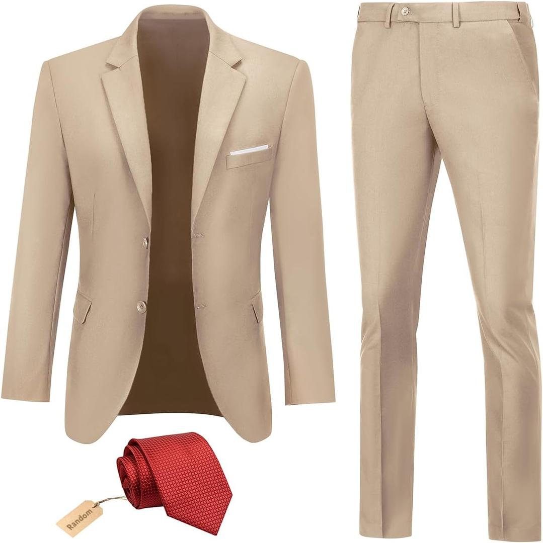 Men Suit 2 Piece Groomsmen Tuxedo Prom Blazer Slim Fit Suits Two Button Wedding Dress Jacket Pants Set with Tie (Beige, L)