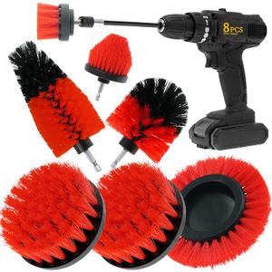 8 Pcs Drill Brush Attachment Set, Power Cleaning Scrub Brush Kit with Extend Long Attachment, All Purpose Drill Scrub Brushes for Car, Grout, Floor, Tub, Bathroom and Kitchen (red)