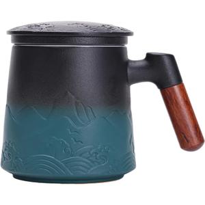 Tea Cup with Infuser and Lid Microwave Safe Mug Handle Ceramic for Warm Hot Water Quality Drinker With Lid Gradient Embossed Large Wooden Steeping Loose Leaf Lover Gifts 17 Oz / 500ml (Black&Green)