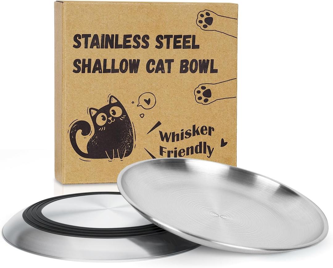 Supet Cat Plates for Wet Food, Non-Slip Whisker Friendly Bowls, Stainless Steel Shallow Wide Dishes for Indoor Cats (13Oz, 2Pcs) (Black)