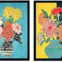 Yidepot Teal Gold Flowers Wall Decor - Vase Flower Boho Blue Floral Art Prints Fake Black Frame Colorful Art Work for Bedroom Walls 12"x16"x2 -black wood frame