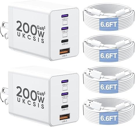 2 Pack 200W USB C Charger Block, Foldable 4Port GaN5 Fast Type C Charging Block, Dual 65W Laptop Super Fast Charger USB C, Adapter for MacBook Pro/Air, iPad Pro, iPhone 17/16/15Pro, S25/S24 and More