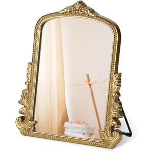 Vintage Makeup Mirror, Vanity Desk Mirror Antique Traditional Tabletop Mirror, Standing, Hang or Wall Mounted, Adjustable Dress-up Mirror, Gold Decor Mirror for Living Room,Bedroom (gold, 12*9.8 in)