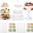 7 Pcs Dessert Table Display Stand Set Include 2 3-Tier Plastic Cupcake Stands 1 Round Metal White Cake Tower 4 Serving Tray Display and Dessert Tray for Party Birthday Baby Shower Wedding