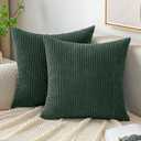 EMEMA Throw Pillow Covers Corduroy Decorative Soft Striped Square Cushion Covers Spring Pillowcases for Couch Sofa Bedroom Chair Car 18x18 Inch Pack of 2, Dark Green