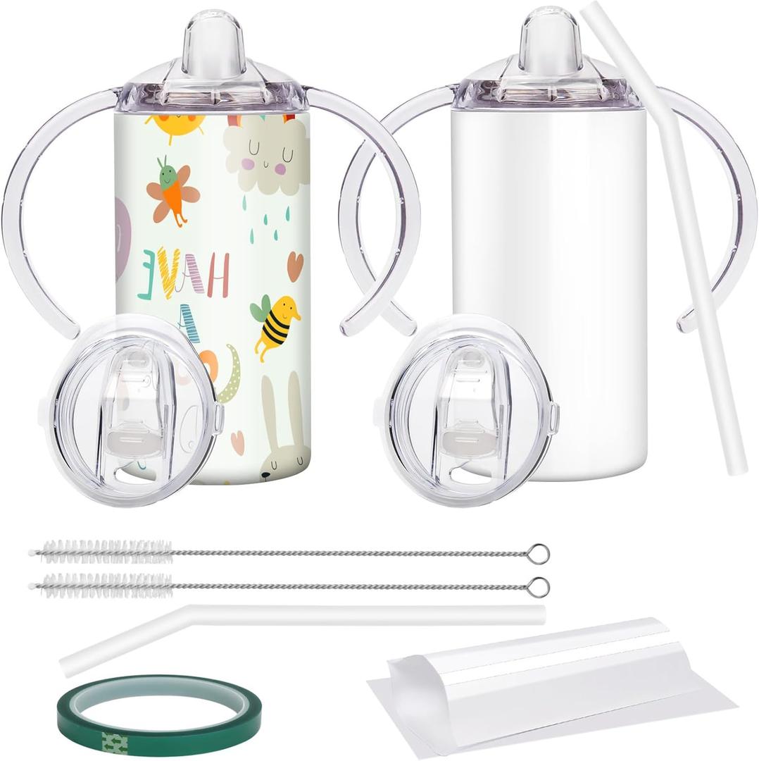 Sublimation Sippy Cup Blank with Handle, 12oz Stainless Steel Sippy Cups, Kids Cups with Straws and Lids Spill Proof Double Wall Vacuum Cup for Children(2 Pack)