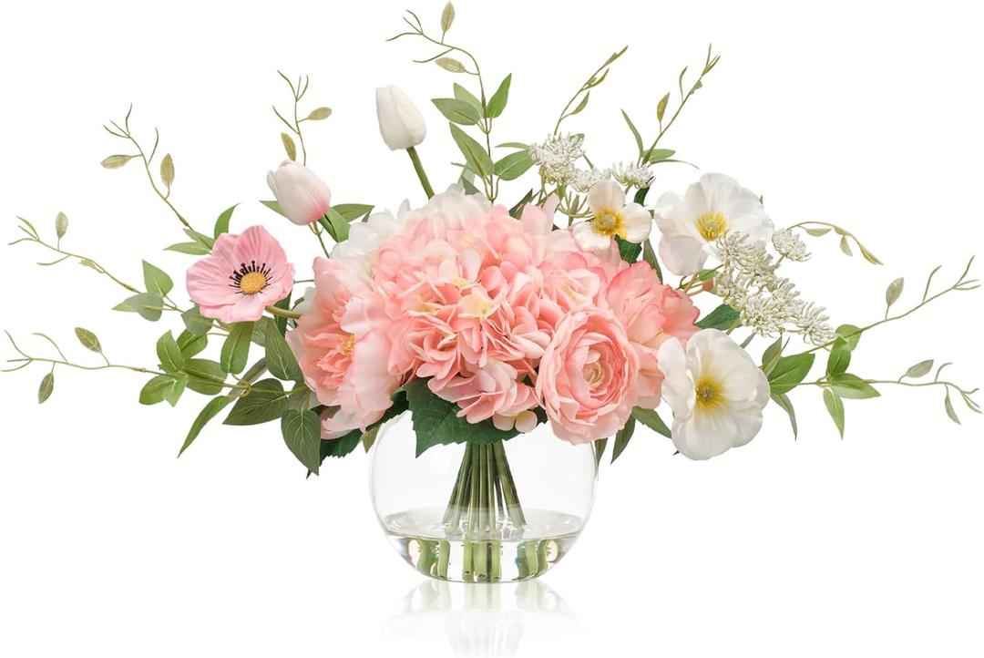 WELL KNOWN Artificial Flowers in Vase, Fake Silk Peony Tulip Hydrangea Pink & White Flower Bouquet Arrangement with Faux Water Centerpieces for Home Wedding Dining Table Party Decor & Gift for Women