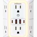 Wall Outlet Extender with Night Light, Power Plug Adapter 6 Outlet Extender with 4 USB Charging Ports 1050J Power Strip Multi Plug Adapter Spaced for Home Travel Office (2U2C)