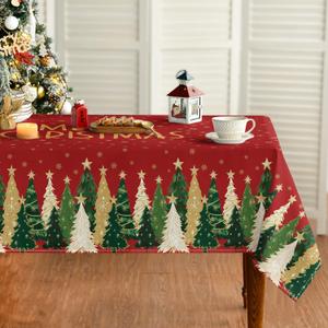 Horaldaily Christmas Tablecloth 60120 Inch Rectangular, Winter Stars Trees Red Washable Seasonal Table Cover for Party Picnic Dinner Decor