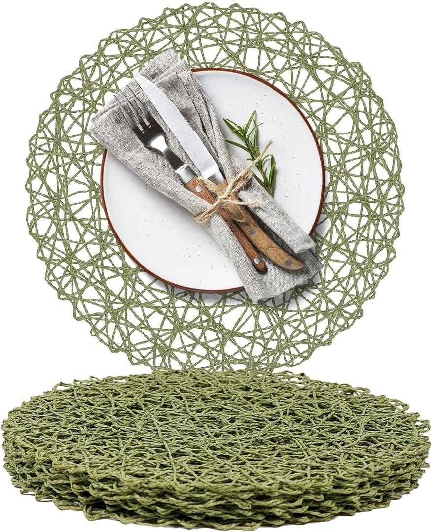 AHHFSMEI Paper Braided Round Placemats Set of 6 Natural Non-Slip Heat Resistant Table Mats for Dining Tables Woven Indoor & Outdoor Place mats(Green)