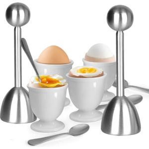 vibedor Egg Cups and Egg Cracker Set for Soft Boiled Eggs, 2 Stainless Steel Egg Cutter, 4 Stainless Stain Spoons and 4 Ceramic Egg Stands in Kitchen, Parties for Breakfast, Host